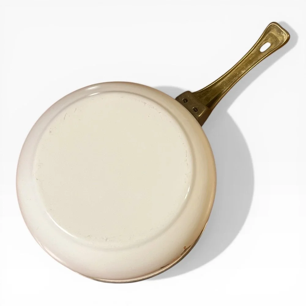 Vintage Floral Enamel Saucepan with Lid Brass Handle Chinoiserie Cream Blue Gold
